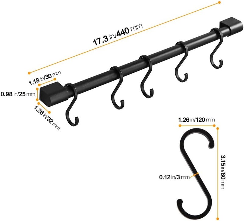 MIAOHUI Kitchen Rail with Hooks, Pan and Pot Hangers for Kitchen Wall Mount, Kitchen Utensil Rack with Removable S Hook, Aluminum (17.3inch_Black_5Hooks) - Image 5